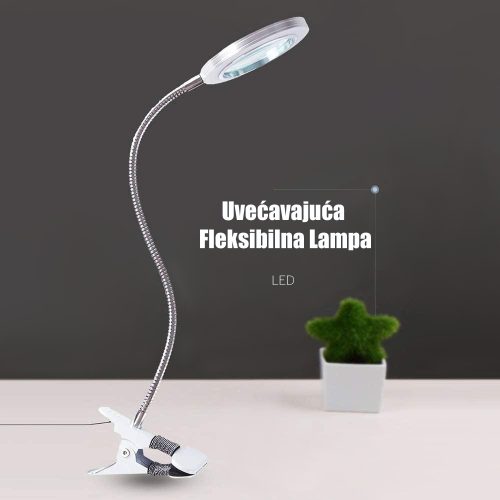 Uvećavajuća i fleksibilna kozmetička lampa sa fleksibilnim vratom i štipaljkom za pričvršćivanje za površinu na kojoj stoji.