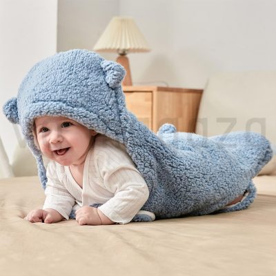 beba uvijena u plavu vrecu za spavanje na krevetu